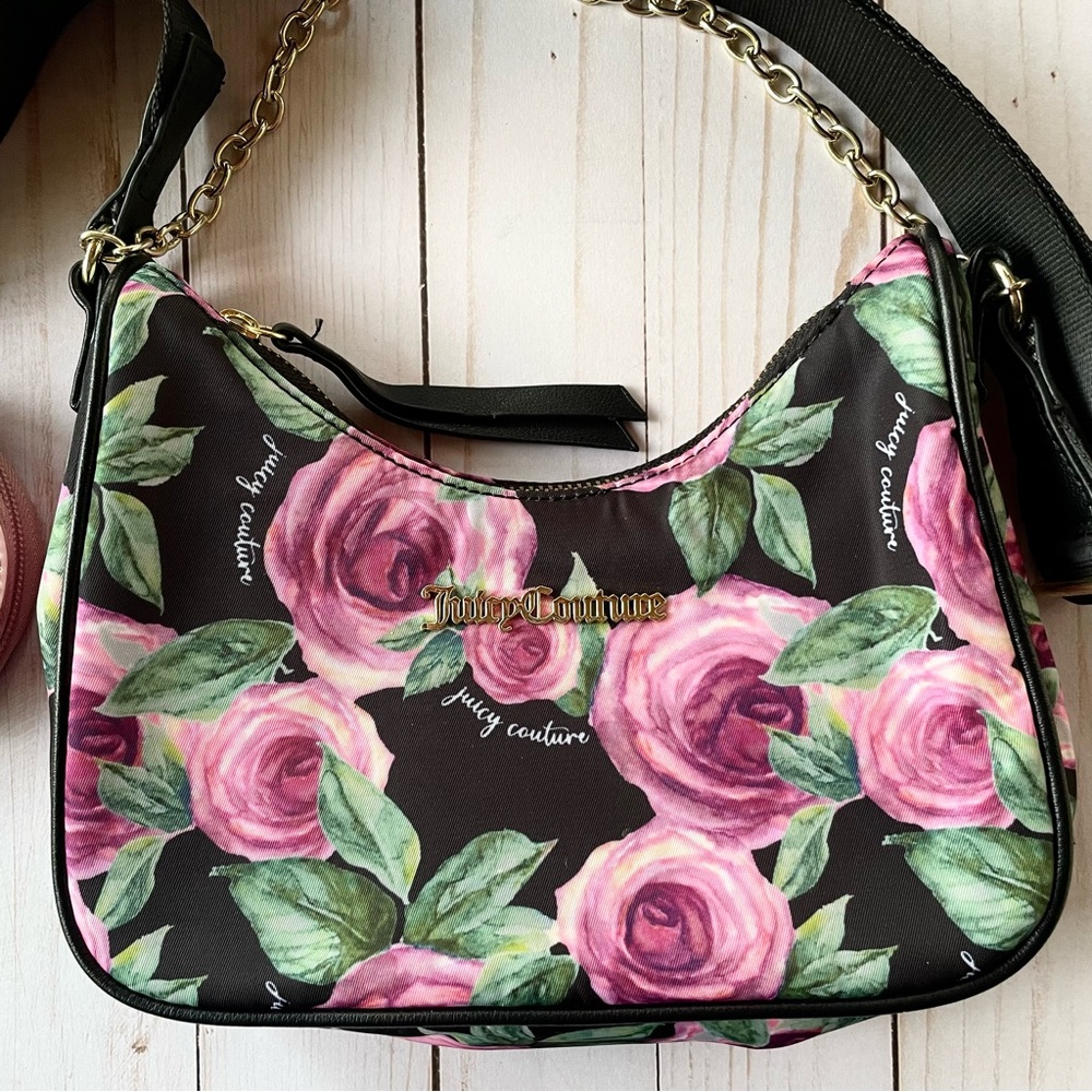 JUICY COUTURE Small Black Floral Shoulder Bag Purse Y2K 90s Retro Designer Luxe